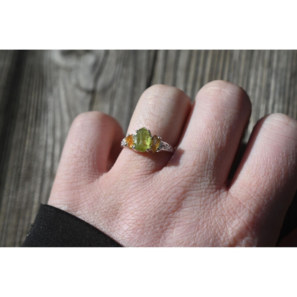 Engagement ring Peridot and citrine , sterling silver size 7, natural raw gemsto